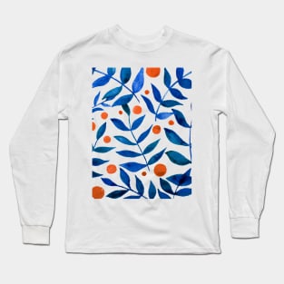 Watercolor branches and berries - blue and orange Long Sleeve T-Shirt